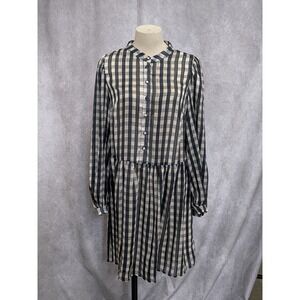 HM Navy Cream Gingham Check Button Front Mini Dress with Slip Womens Small